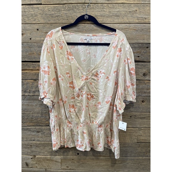 NWT Ophelia Roe Top 3X Beige Orange Floral Peplum Hem Short Sleeve Blouse Women - Picture 1 of 7